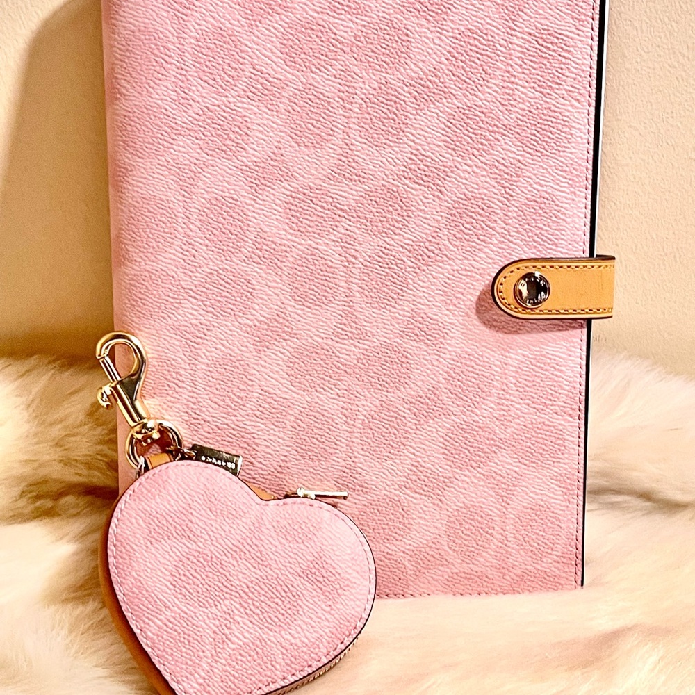 Coach Powder Pink Heart Coin Purse Keychain and Pink Notebook Set
